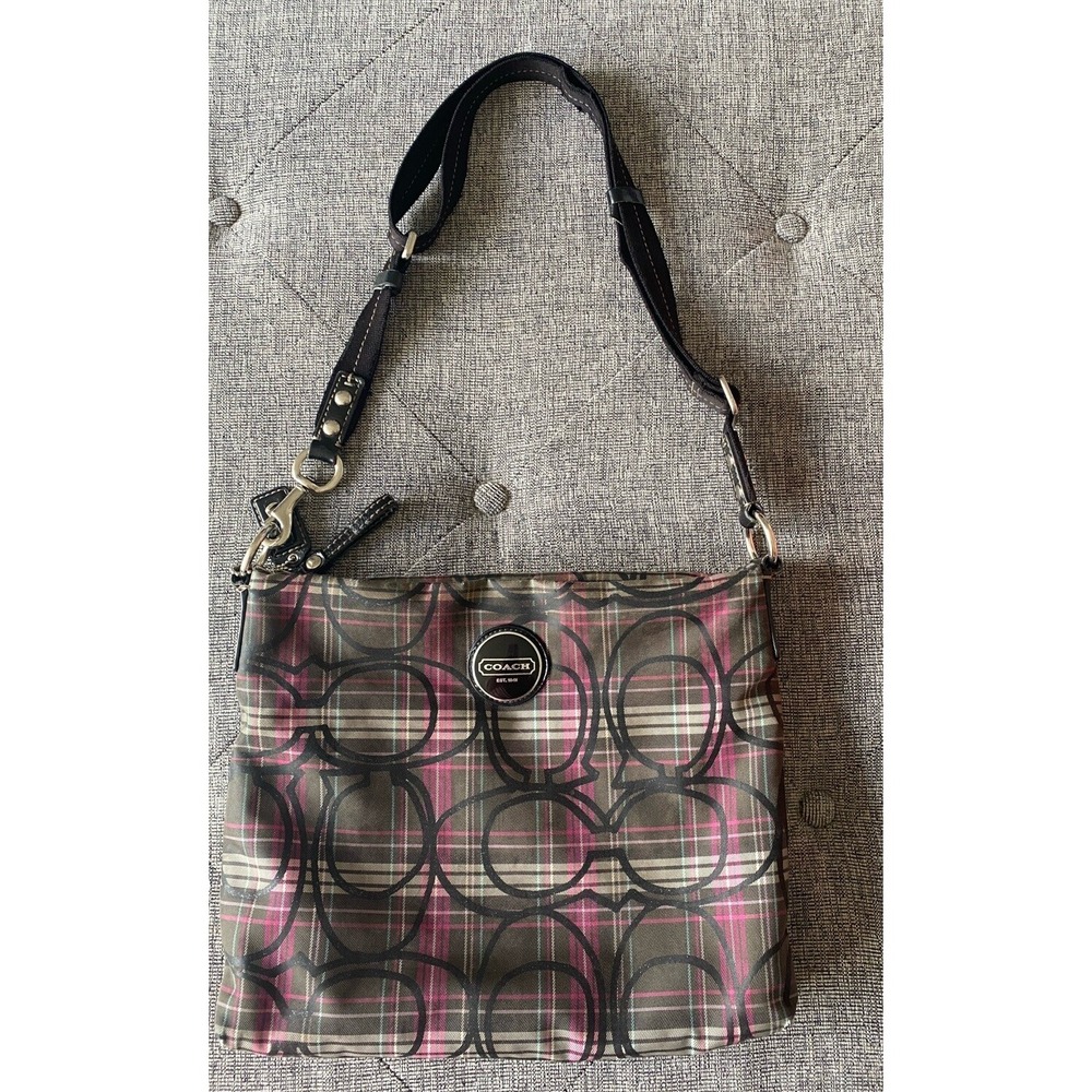 Coach Poppy Tartan Gray Pink Plaid Crossbody‎ Bag Glitter Purse F17710